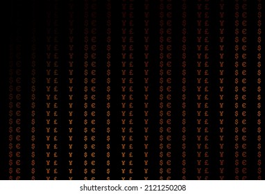 Dark orange vector background with EUR, USD, GBP, JPY. Colored symbols of all currency on white background. The pattern can be used for ad, booklets, leaflets of banks.