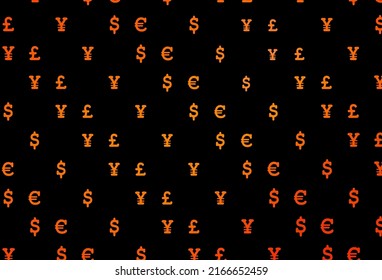Dark orange vector background with EUR, USD, GBP, JPY. Blurred design in with symbols of dollar, USD, usa. The pattern can be used for financial, investment websites.