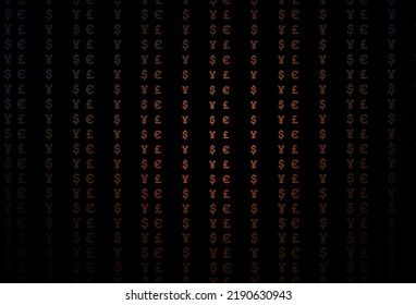 Fondo vector naranja oscuro con EUR, USD, GBP, JPY. Ilustración abstracta moderna con símbolos de dinero. Mejor diseño para tu anuncio, afiche, banner de dinero.