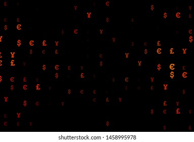 Dark Orange vector background with Euro, Yen, Pound. Shining colored illustration with EUR, JPY, GBP signs. Template for ads of markets, loans.