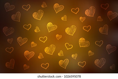 Dark Orange vector background with hearts. Blurred decorative design in doodle style with hearts. Pattern for carnival, festival romantic leaflets.