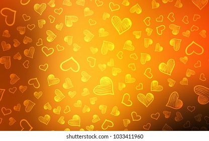 Dark Orange vector background with hearts. Blurred decorative design in doodle style with hearts. Pattern can be used for valentine's ad, booklets.