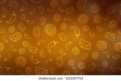 Dark Orange vector background with tasty food. Beautiful colored illustration with food in doodle style. Template for meal cooking in kitchen.