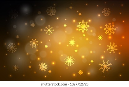 Dark Orange vector background with xmas snowflakes. Blurred decorative design in xmas style with snow. New year design for your business advert.