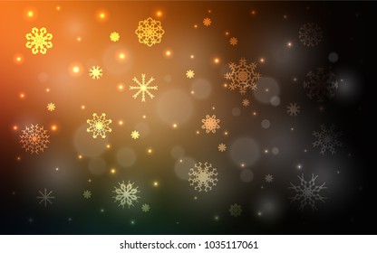 Dark Orange vector background with xmas snowflakes. Glitter abstract illustration with crystals of ice. New year design for your business advert.