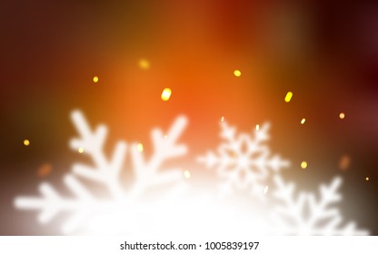 Dark Orange vector cover with beautiful snowflakes. Snow on blurred abstract background with gradient. The pattern can be used for new year ad, booklets.