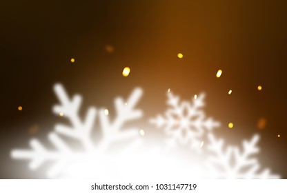 Dark Orange vector cover with beautiful snowflakes. Blurred decorative design in xmas style with snow. The pattern can be used for new year ad, booklets.