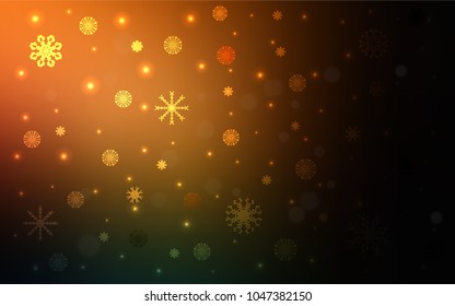 Dark Orange vector cover with beautiful snowflakes. Blurred decorative design in xmas style with snow. The template can be used as a new year background.