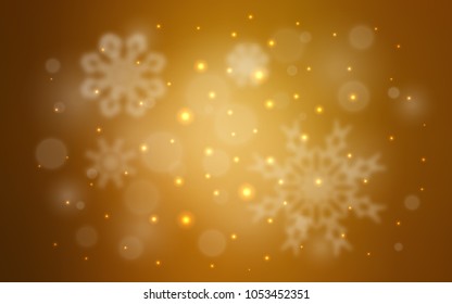 Dark Orange vector cover with beautiful snowflakes. Blurred decorative design in xmas style with snow. New year design for your ad, poster, banner.