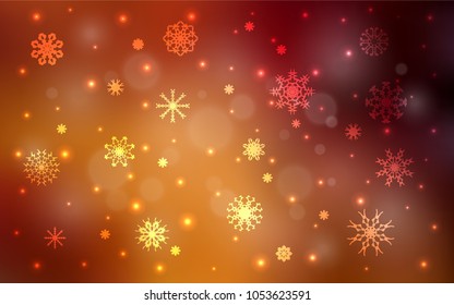 Dark Orange vector cover with beautiful snowflakes. Snow on blurred abstract background with gradient. The pattern can be used for year new  websites.