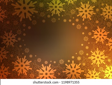 Dark Orange vector cover with beautiful snowflakes. Decorative shining illustration with snow on abstract template. The pattern can be used for new year ad, booklets.