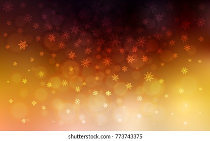 Dark Orange vector cover with beautiful snowflakes. Decorative shining illustration with snow on abstract template. The pattern can be used for new year ad, booklets.
