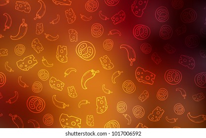 Dark Orange vector cover with cuisine gourmet. Blurred decorative design of snacks in doodle style. Pattern for ads of breakfast, lunch, dinner.
