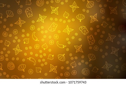 Dark Orange vector cover with cuisine gourmet. Beautiful colored illustration with food in doodle style. Pattern for menu of cafes, bars, restaurants.