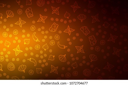Dark Orange vector cover with cuisine gourmet. Fast Food on blurred abstract background with colorful gradient. Doodle design for your business advert of cafes.