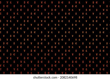 Cobertura vectorial naranja oscuro con EUR, USD, GBP, JPY. Diseño desenfocado con símbolos de dólar, USD, ee.uu. El patrón se puede usar para sitios web de inversión financiera.