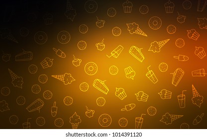 Dark Orange vector cover with set of confections. Decorative shining illustration with sweets on abstract template. Doodle design for your business advert of cafes.