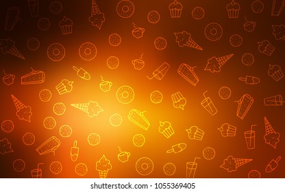 Dark Orange vector cover with set of confections. Confections on blurred abstract background with colorful gradient. Pattern for menu of cafes and restaurants.