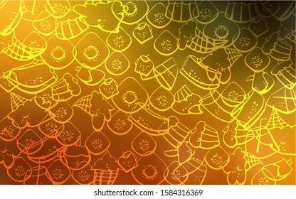 Dark Orange vector cover with set of confections. Glitter abstract sketch with sweets, candies, desserts. Template of children's food in cafe.
