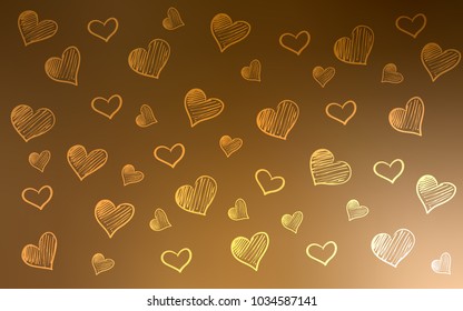 Dark Orange vector cover with Shining hearts. Glitter abstract illustration with colorful hearts in romantic style. Pattern for carnival, festival romantic leaflets.