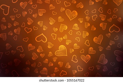 Dark Orange vector cover with Shining hearts. Decorative shining illustration with hearts on abstract template. Pattern for marriage gifts, congratulations.