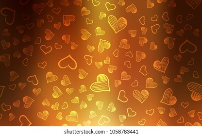 Dark Orange vector cover with Shining hearts. Beautiful colored illustration with hearts in celebration style. Pattern for carnival, festival romantic leaflets.