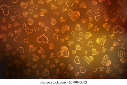 Dark Orange vector cover with Shining hearts. Glitter abstract illustration with colorful hearts in romantic style. Template for Valentine's greeting postcards.