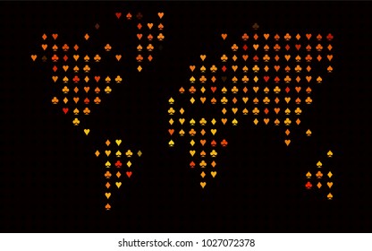 Dark Orange vector cover with symbols of gamble. Colored illustration with hearts, spades, clubs, diamonds. Design for ad, poster, banner of gambling websites.