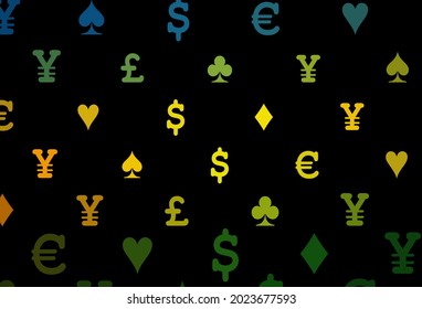 Dark orange vector cover with symbols of gamble. Illustration with set of hearts, spades, clubs, diamonds. Template for business cards of casinos.