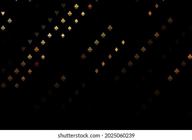 Dark orange vector cover with symbols of gamble. Glitter abstract sketch with isolated symbols of playing cards. Pattern for booklets, leaflets of gambling houses.