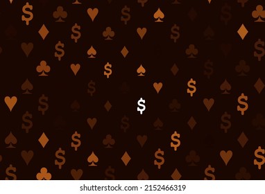 Dark orange vector cover with symbols of gamble. Colorful gradient with signs of hearts, spades, clubs, diamonds. Pattern for booklets, leaflets of gambling houses.