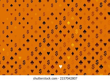 Tapa vectorial naranja oscuro con símbolos de juego. Decoración borrosa de corazones, espadas, palos, diamantes. Patrón para anuncios de fiestas, eventos en Las Vegas.