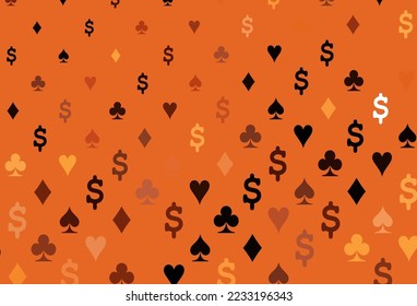 Dark orange vector cover with symbols of gamble. Blurred decorative design of hearts, spades, clubs, diamonds. Pattern for booklets, leaflets of gambling houses.