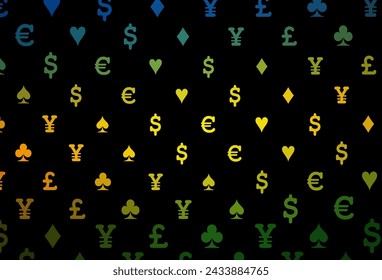 Dark orange vector cover with symbols of gamble. Blurred decorative design of hearts, spades, clubs, diamonds. Pattern for leaflets of poker games, events.