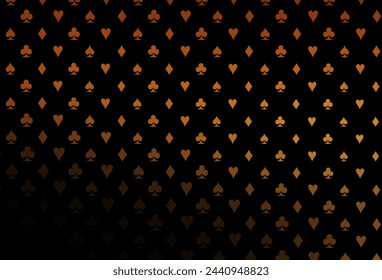 Dark orange vector cover with symbols of gamble. Blurred decorative design of hearts, spades, clubs, diamonds. Template for business cards of casinos.