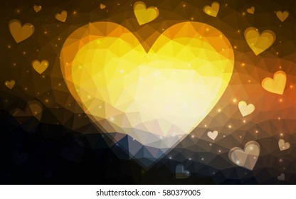 Dark Orange vector greeting Card Happy Valentine's Day. Lettering with hearts on the white polygonal background. Colored triangular illustration for your business.