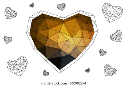 Dark Orange vector greeting Card Happy Valentine's Day. Lettering with hearts on the white polygonal background. Colored triangular illustration for your business.
