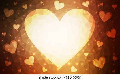Dark Orange vector greeting Card Happy Valentine's Day. Lettering with hearts on the white polygonal background. Colored triangular illustration for your business.