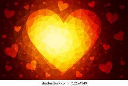 Dark Orange vector greeting Card Happy Valentine's Day. Lettering with hearts on the white polygonal background. Colored triangular illustration for your business.
