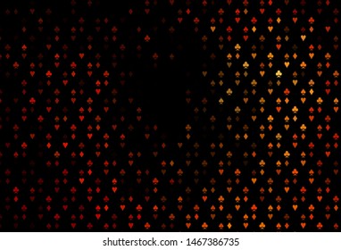 Dark Orange vector layout with elements of cards. Shining illustration with hearts, spades, clubs, diamonds. Template for business cards of casinos.