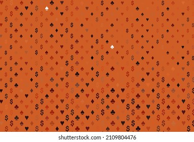 Dark orange vector layout with elements of cards. Colored illustration with hearts, spades, clubs, diamonds. Pattern for booklets, leaflets of gambling houses.