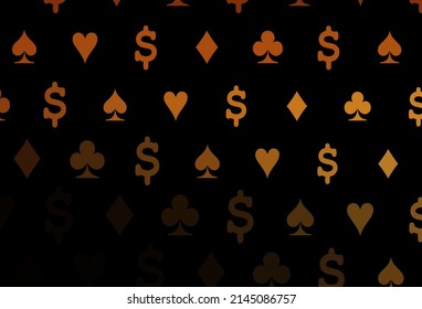 Dark orange vector layout with elements of cards. Shining illustration with hearts, spades, clubs, diamonds. Pattern for booklets, leaflets of gambling houses.