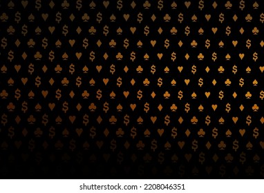 Dark orange vector layout with elements of cards. Blurred decorative design of hearts, spades, clubs, diamonds. Pattern for booklets, leaflets of gambling houses.