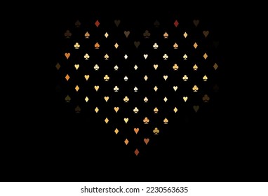 Dark orange vector layout with elements of cards. Colorful gradient with signs of hearts, spades, clubs, diamonds. Template for business cards of casinos.