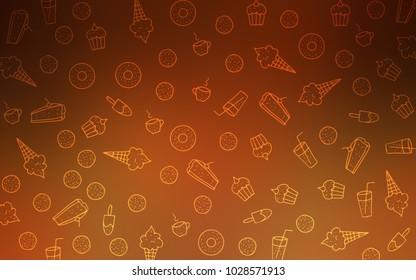 Dark Orange vector layout with sweet desserts. Illustration with set of sweet food in doodle style. Pattern for ads of breakfast, lunch, dinner.