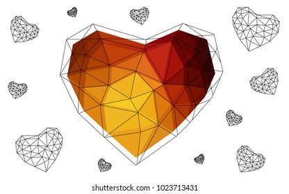 Dark Orange vector love background with heart. Paper note. Valentine's greeting polygonal card. Triangular illustration for your business. Stock template for your design.
