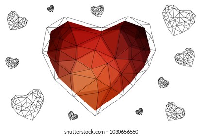 Dark Orange vector love background with heart. Paper note. Valentine's greeting polygonal card. Triangular illustration for your business. Stock template for your design.