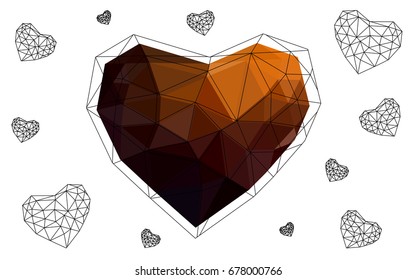 Dark Orange vector love background with heart. Paper note. Valentine's greeting polygonal card. Triangular illustration for your business. Stock template for your design.