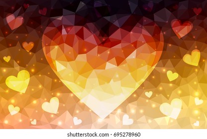 Dark Orange vector love background with heart. Paper note. Valentine's greeting polygonal card. Triangular illustration for your business. Stock template for your design.