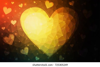Dark Orange vector love background with heart. Paper note. Valentine's greeting polygonal card. Triangular illustration for your business. Stock template for your design.